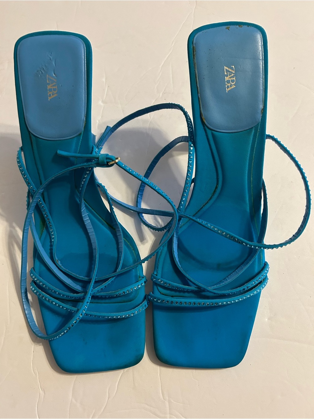 Zara Turquoise Strappy Square-Toe Heeled Sandals